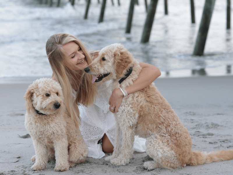 woman poses for a photograph with her two dogs on the beach 