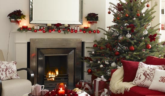 A living room decorated for Christmas