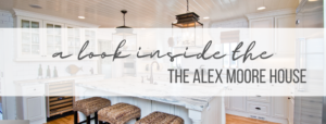The kitchen of the Alex Moore house with the blog title over it
