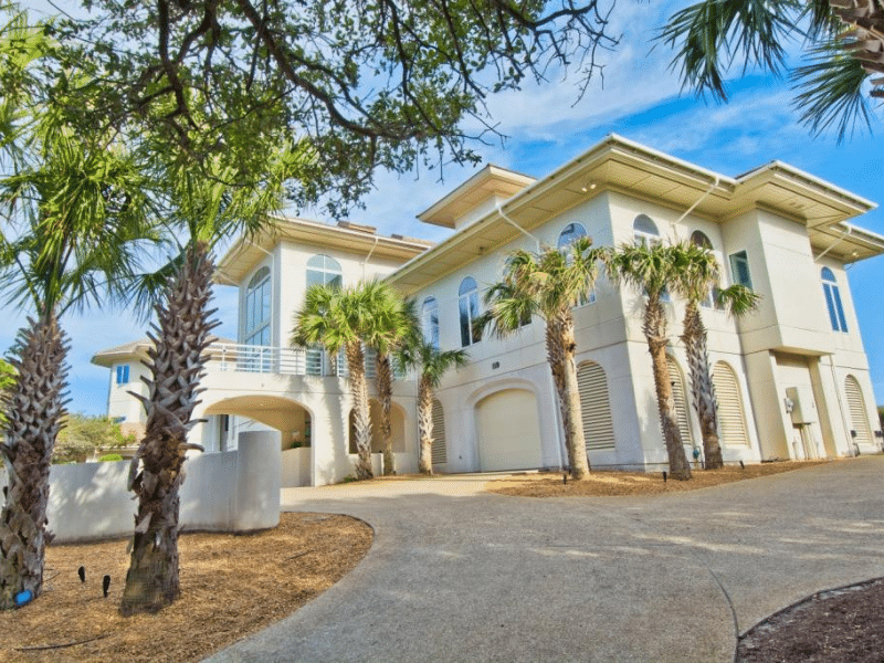 Paved driveway with palm trees leading up to the magnificent Chateau of the Isle estate