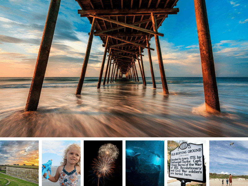 collage of several free things to do on vacation at the crystal coast
